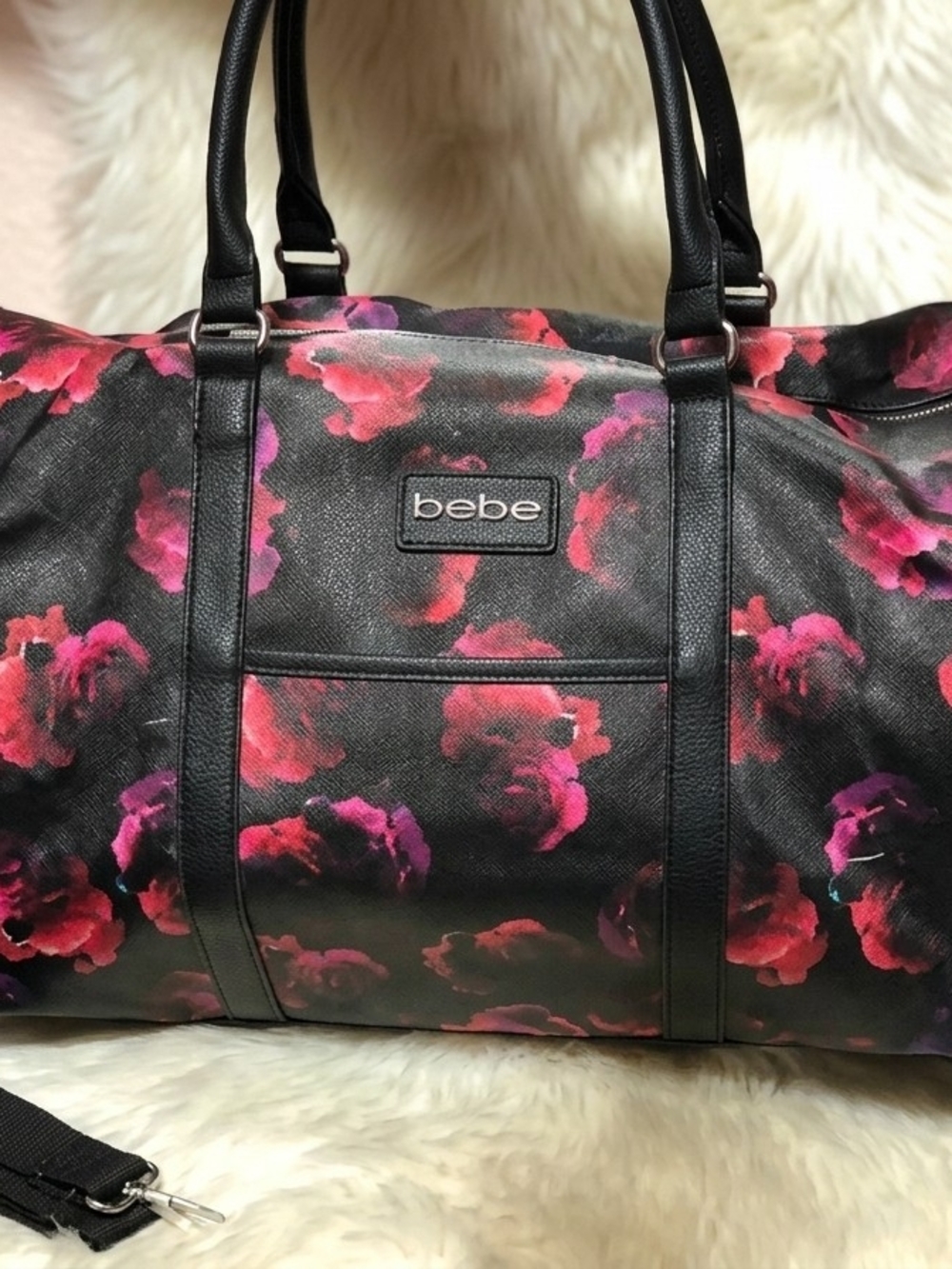 bebe Black Weekender with Pink Floral Pattern